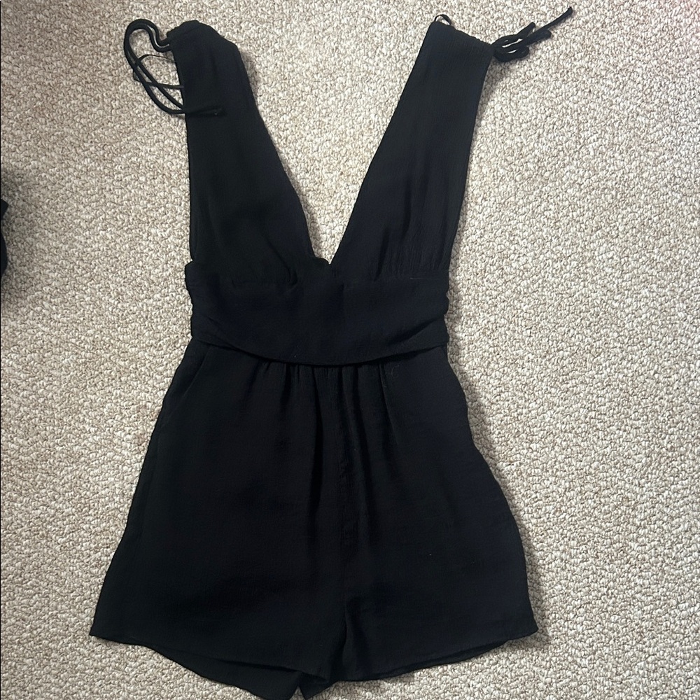 Black Linen Romper With Pockets